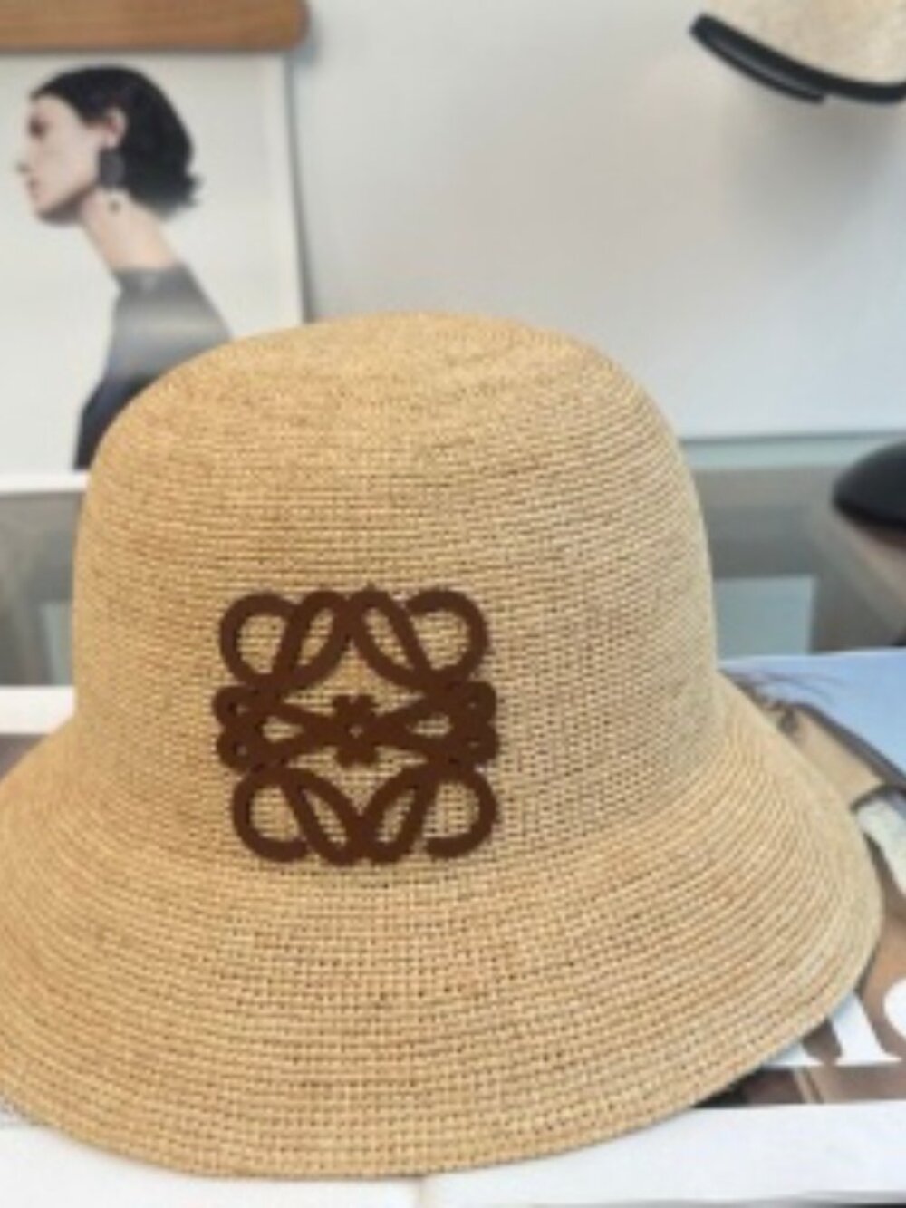 ☀️LOEWE☀️Beige Straw Bucket Hat Calfskin Anagram Patch